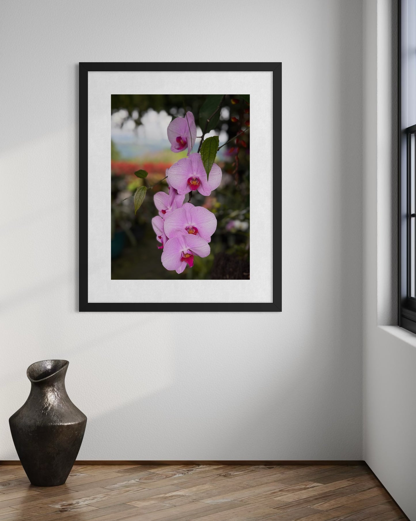Hanging Orchids - Fine Art Print by Leslie Brashear Photography features pink orchid flowers, adding an elegant touch reminiscent of blooming Orosí gardens—perfect for brightening any room.
