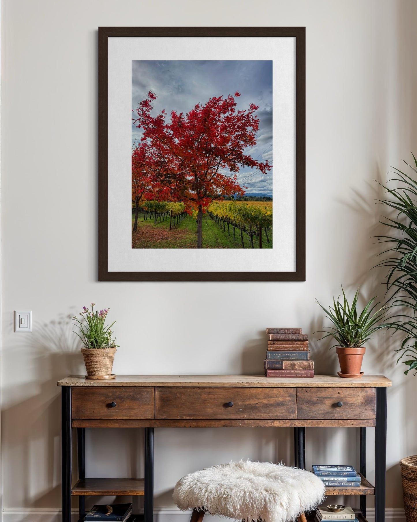 A framed "Napa Valley Autumn Colors - Fine Art Print" by Leslie Brashear Photography hangs on a beige wall above a wooden console table decorated with potted plants, books, and a furry stool.