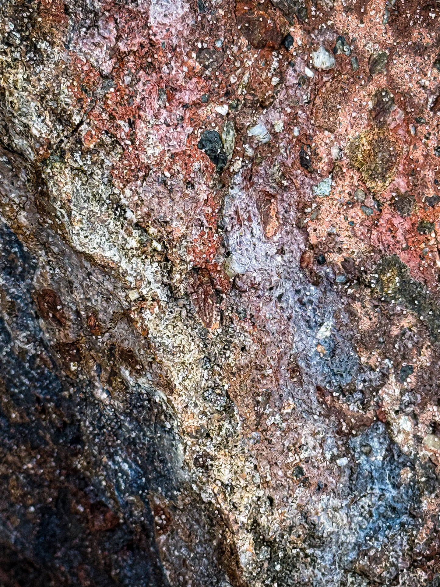 Close-up of earthy rock textures in red, brown, and gray with intricate patterns and mineral grains from San Diego, featured in "Cliffside Colors and Textures" by Leslie Brashear Photography.