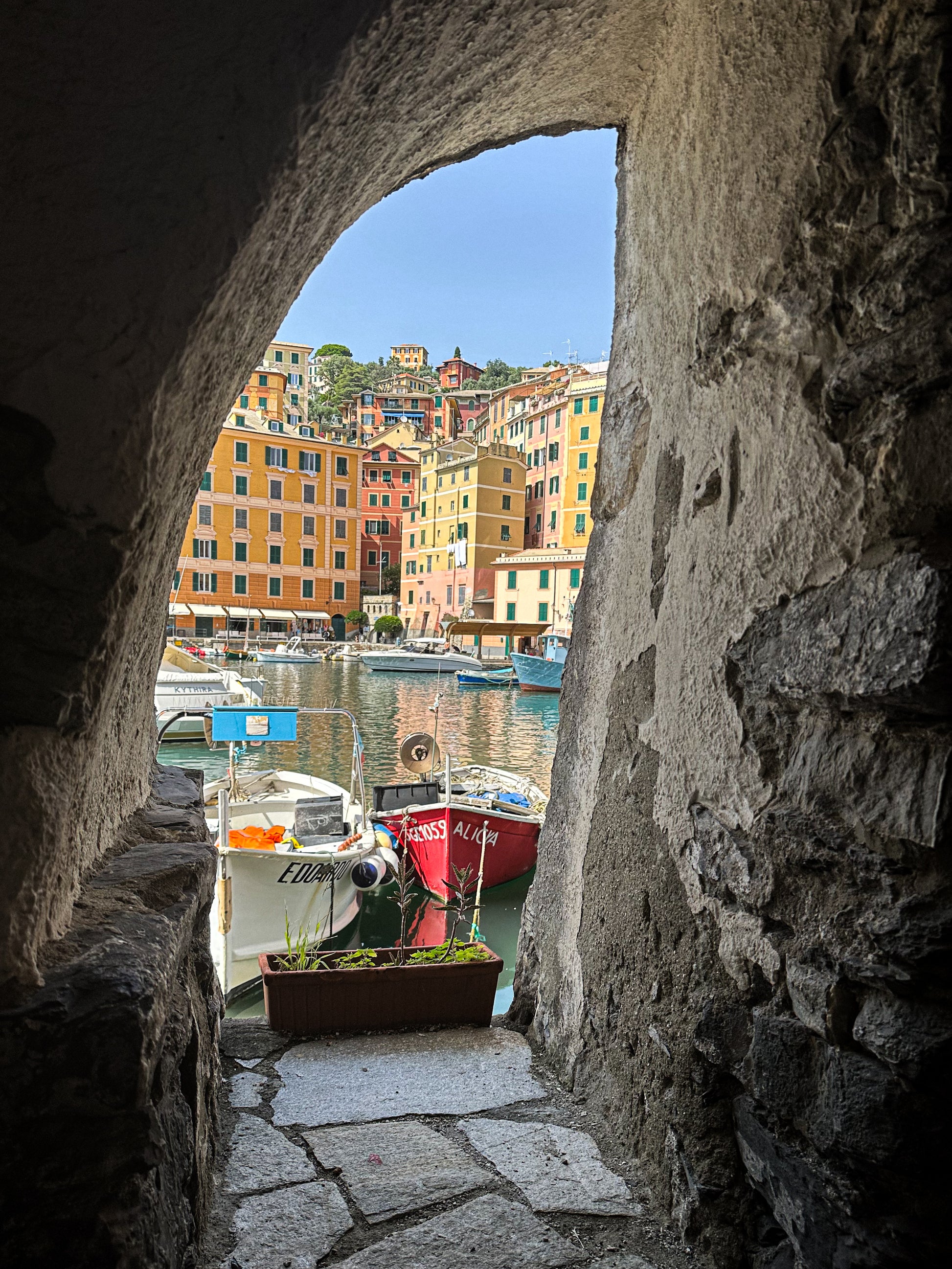 Framed Serenity of Camogli Harbor – Fine Art Print by Leslie Brashear Photography captures boats docked in a harbor, colorful buildings, and hillside through a stone archway—a timeless view of this charming Italian coastal town.