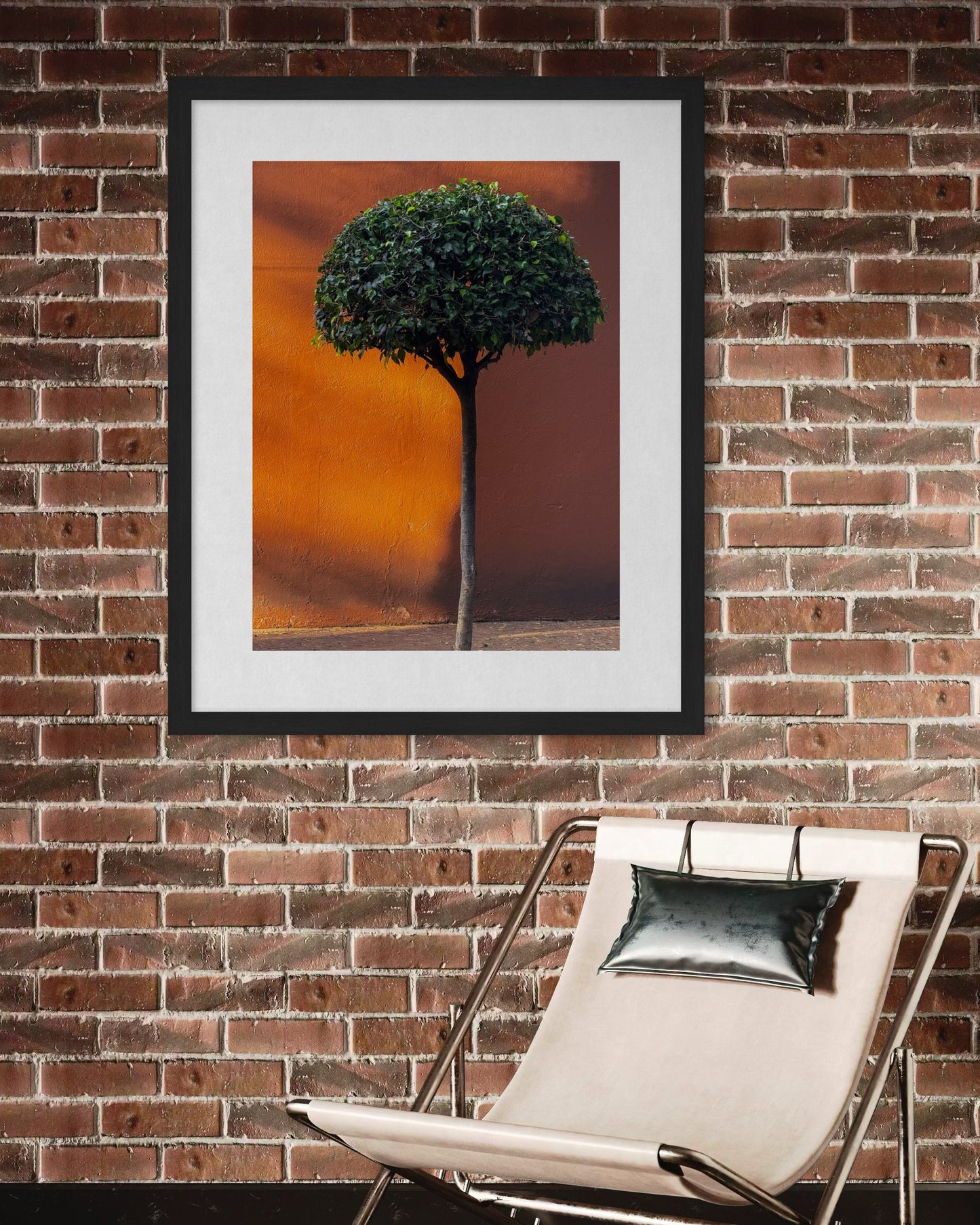 Tree in the Sunlight - Fine Art Print by Leslie Brashear Photography hangs above a modern beige chair with a metallic pillow, bringing striking urban nature wall art to your space.