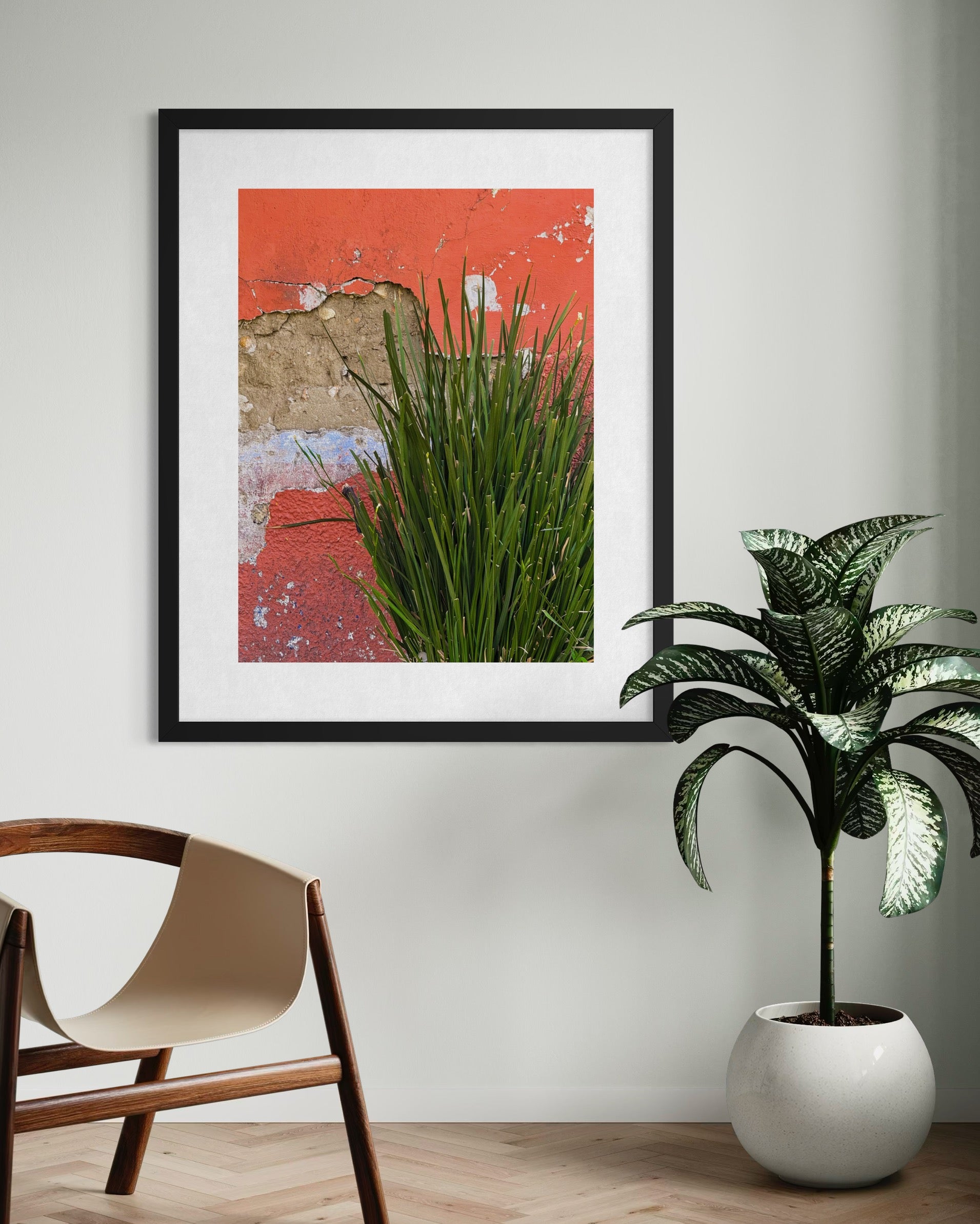 Against the Weathered Wall - Fine Art Print by Leslie Brashear Photography features green grass and a weathered red wall, bringing rustic charm and modern style to your space when displayed above a plant and wooden chair.