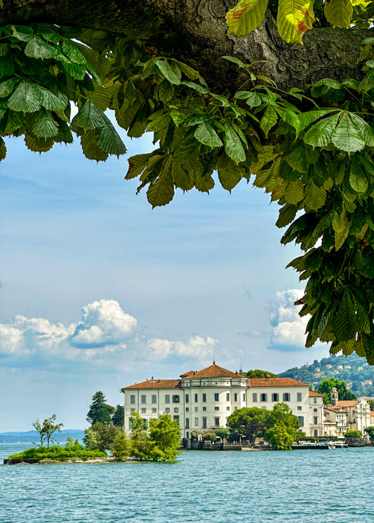 Large tree branches frame a historic white building on Lago di Maggiore’s shore, hills and sky beyond—Lago di Maggiore Vista Fine Art Print by Leslie Brashear Photography captures Lombardy’s picturesque beauty.