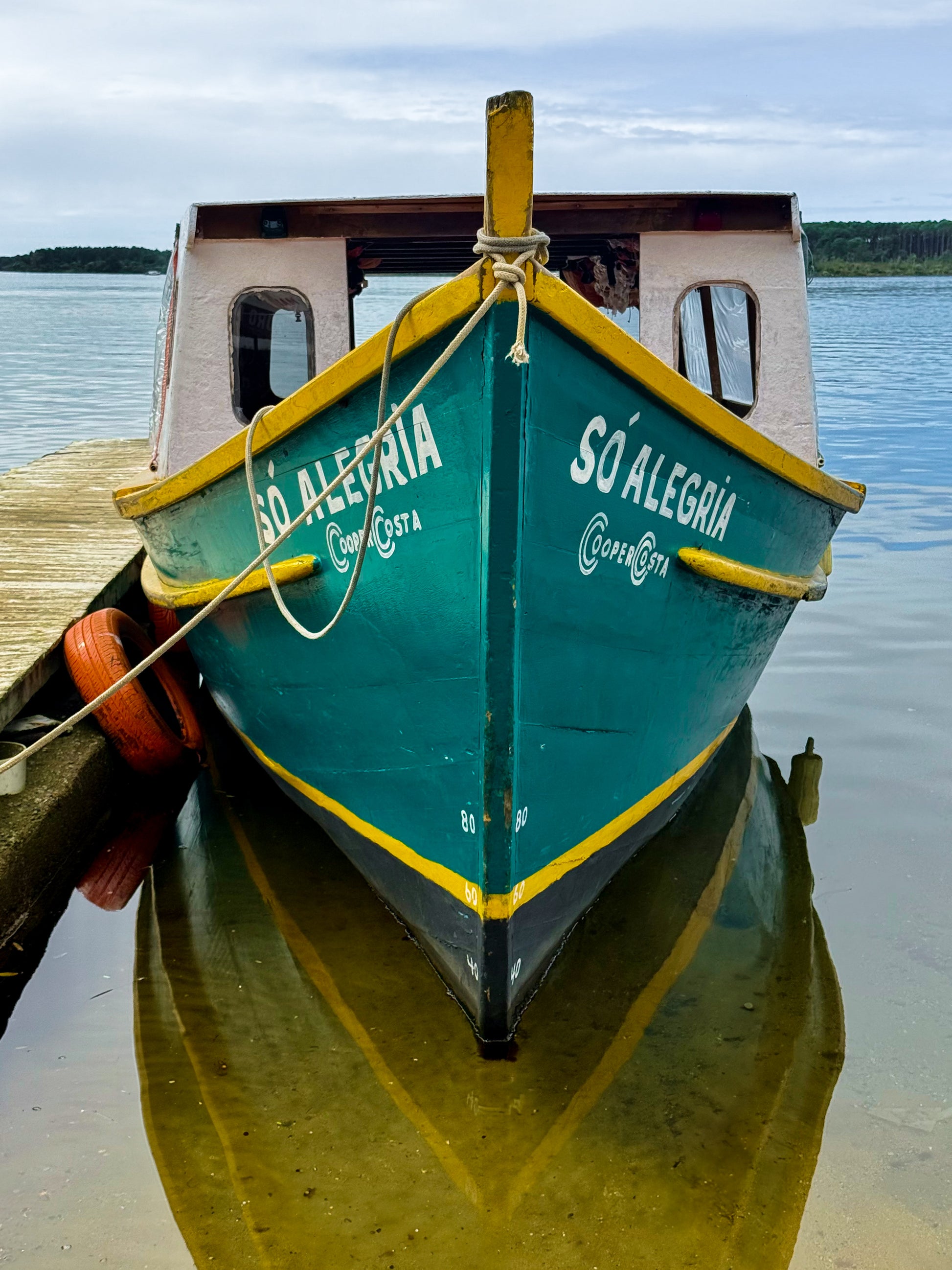 So Alegria - Fine Art Print by Leslie Brashear Photography showcases a green and yellow boat at a wooden pier on Costa da Lagoa’s calm waters, surrounded by life rings and trees—perfect for bringing Florianópolis charm to your space.